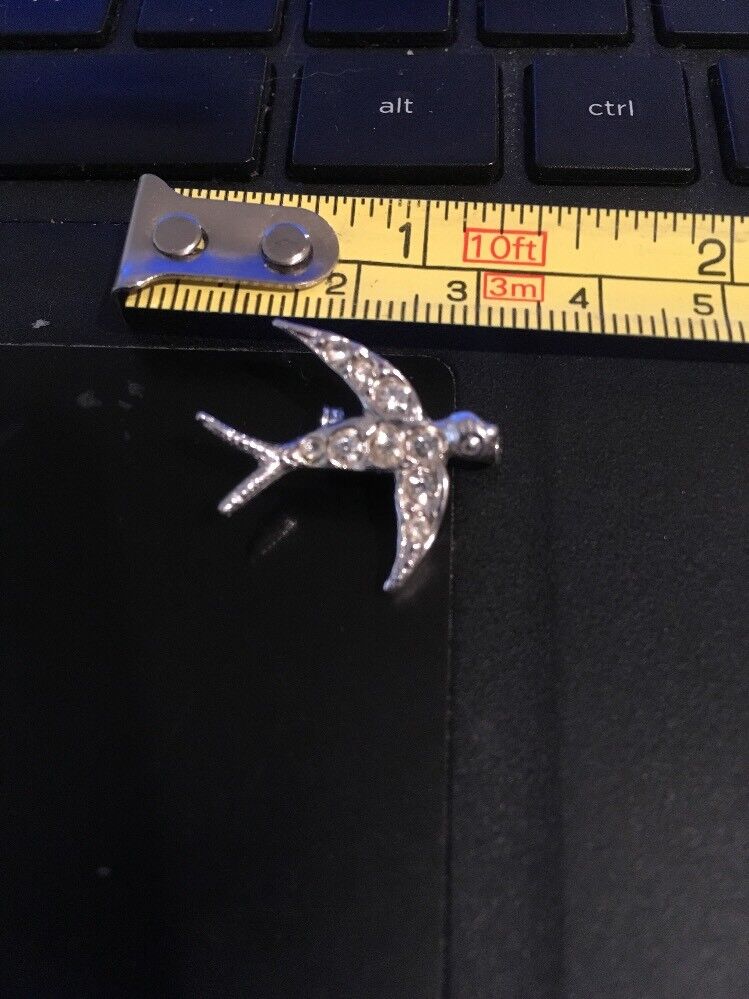 Vintage Pin; Silvertone Bird With Sparkly faux Stones