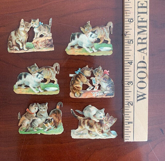Victorian Die Cut Lot of 6 Cats, Playful Kittens and Cats, Beautiful Colors