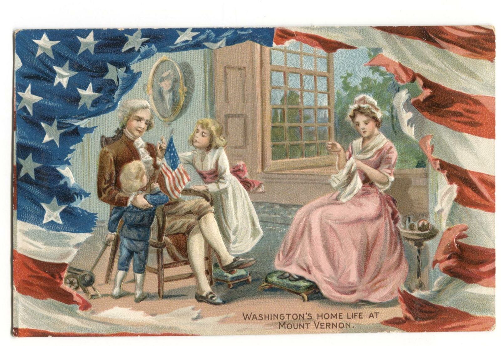 Patriotic Postcard Washington\'s Home Life Mount Vernon American Flag 