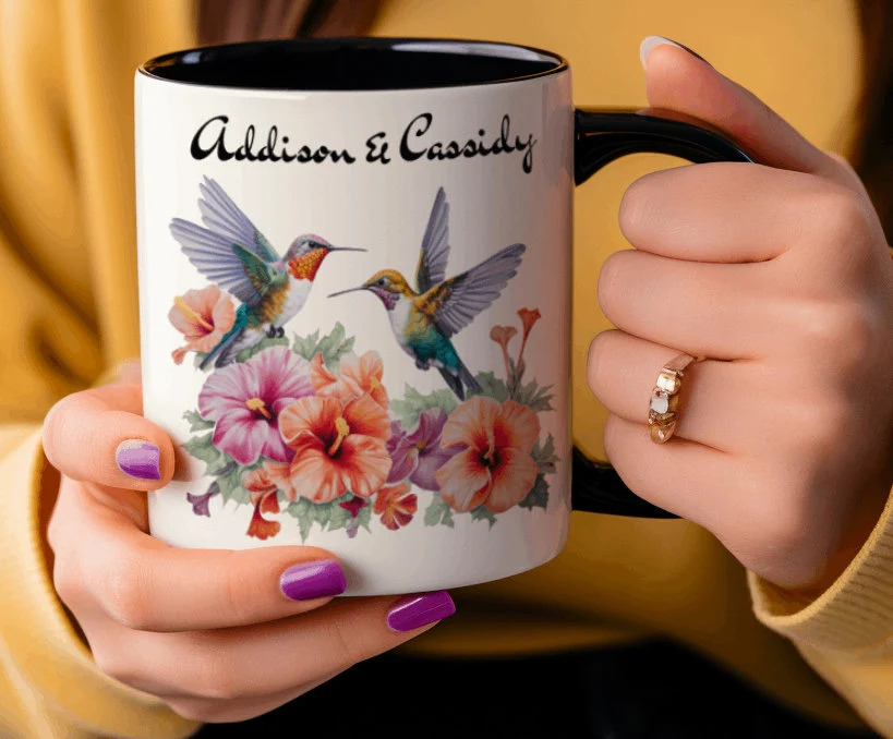 Personalized best friend/partner names hummingbird butterfly flower coffee cup