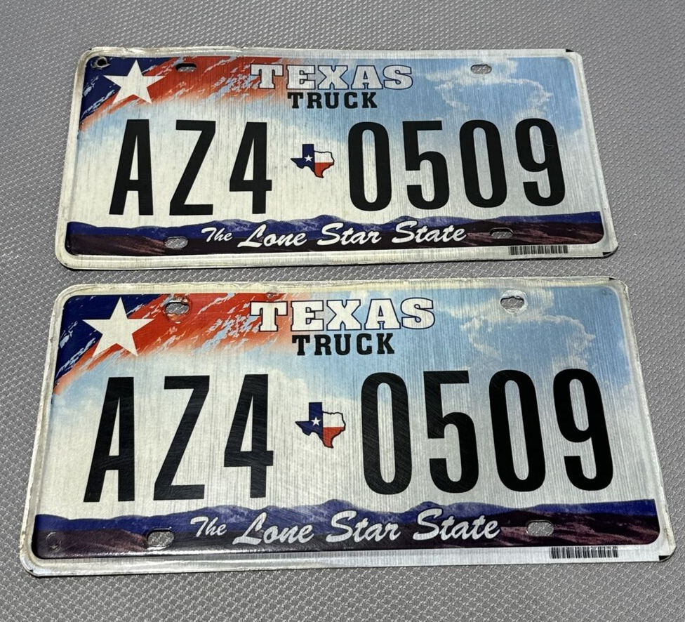 2 Texas License Plates Truck Matching Flag Red White Blue Clouds AZ4 0509 Pickup