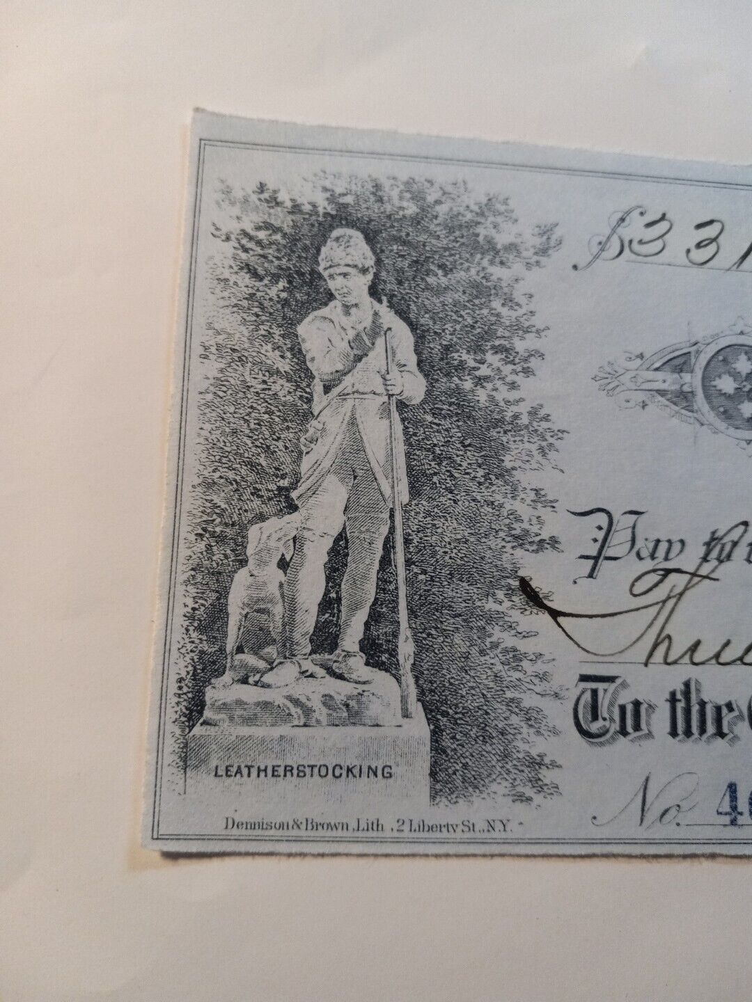 First National Bank of Cooperstown, NY - check dated 1895 Leatherstocking & Dog