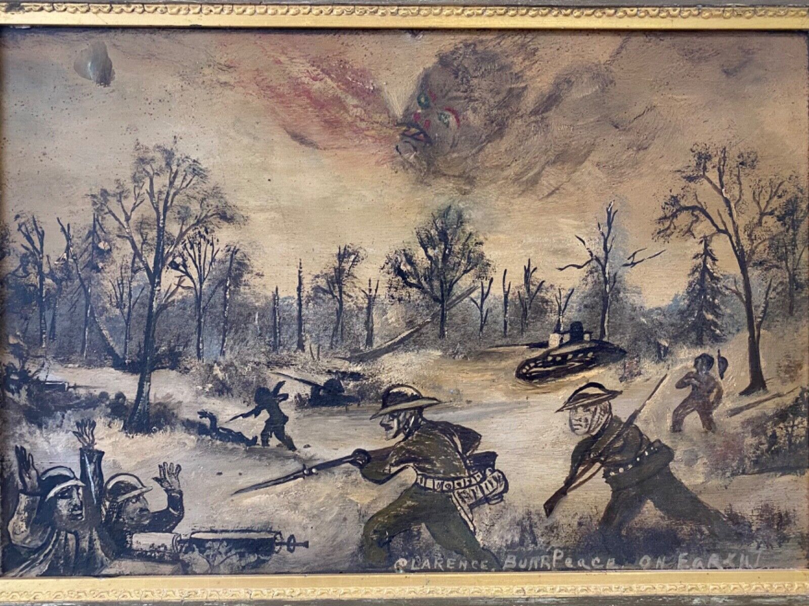 🔥 Unusual Antique Old American Trench Folk Art World War 1 WWI Oil Painting WOW