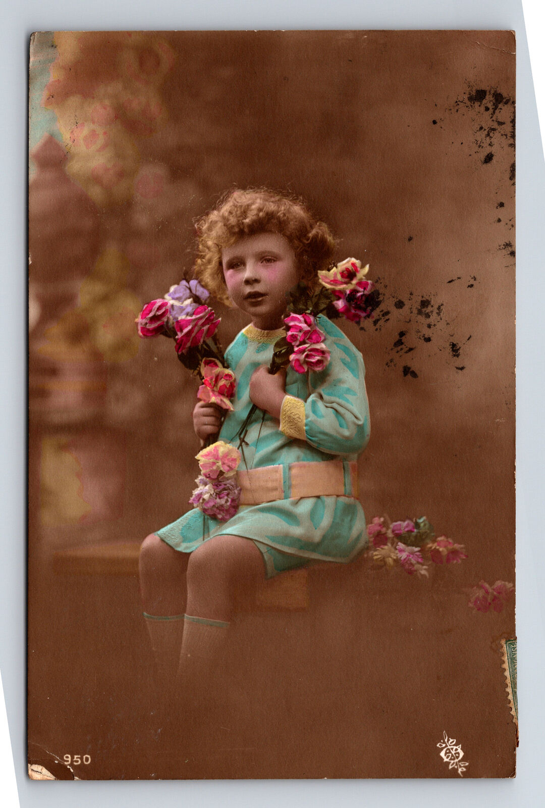 c1919 RPPC French Studio Portrait of Young Girl Flowers Hand Colored Postcard