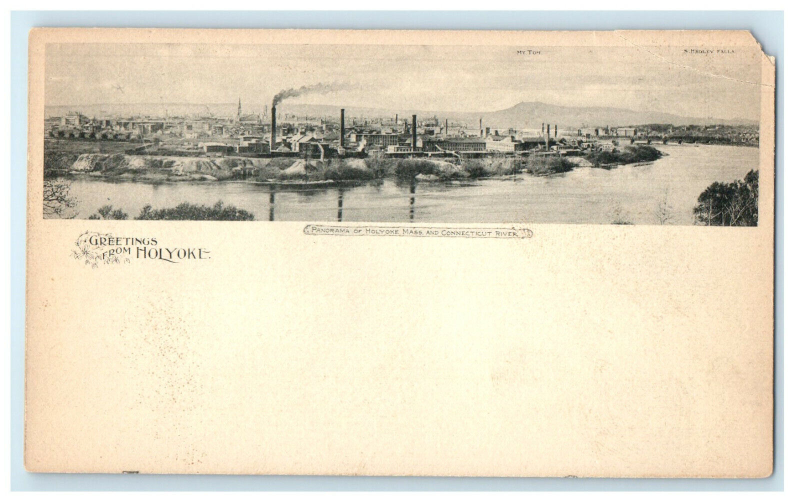 c1900 Panorama of Connecticut River, Greetings from Holyoke PMC Postcard