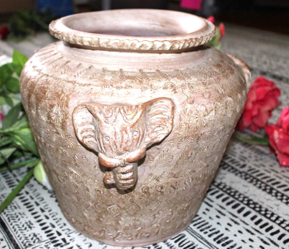 RARE Thai Vintage Flower Pot Handmade Three Elephant Heads 12\