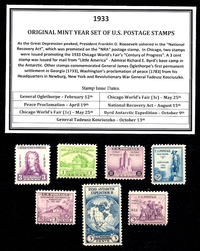 1933 YEAR SET OF MINT -MNH- VINTAGE U.S. POSTAGE STAMPS