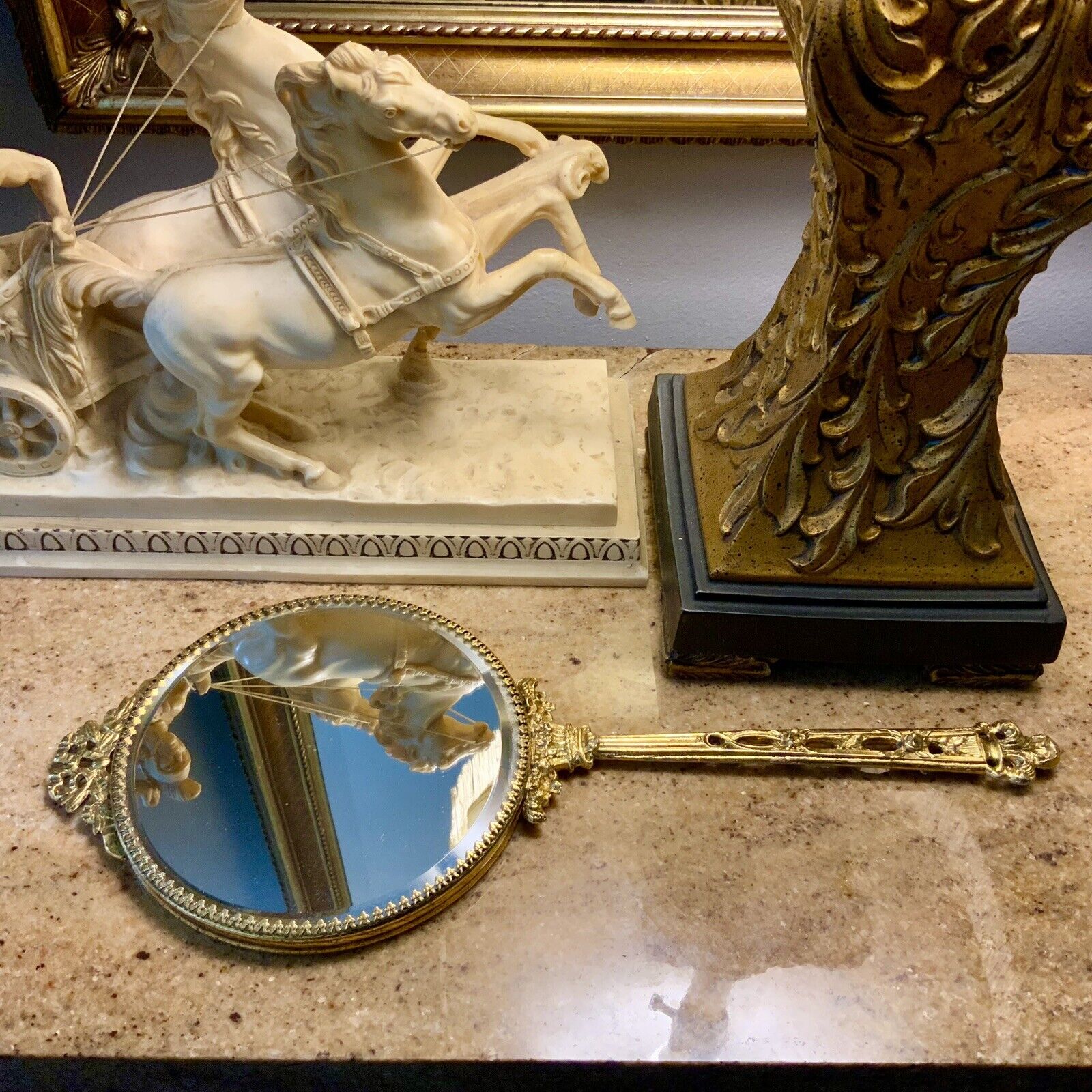 💥 Vtg Double Sided Two Way💥 Beveled Vanity HAND MIRROR Gold Gild Victorian 💥