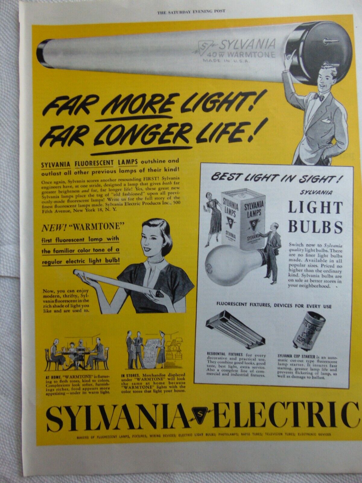 1948 SYLVANIA LIGHT BULBS MORE LIGHT LONGER LIFE vintage art print ad