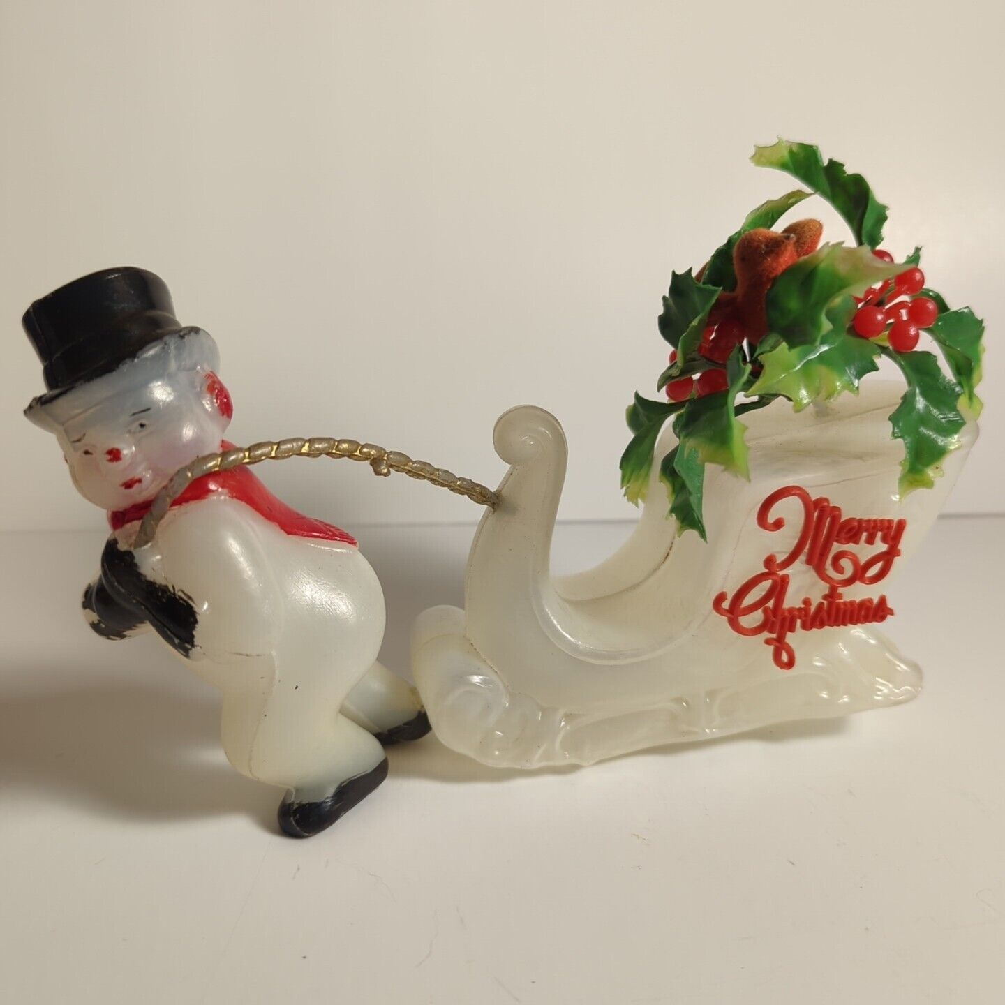 Vintage Merry Christmas Snowman Pulling Sleigh Soft Plastic Kitschy Decoration