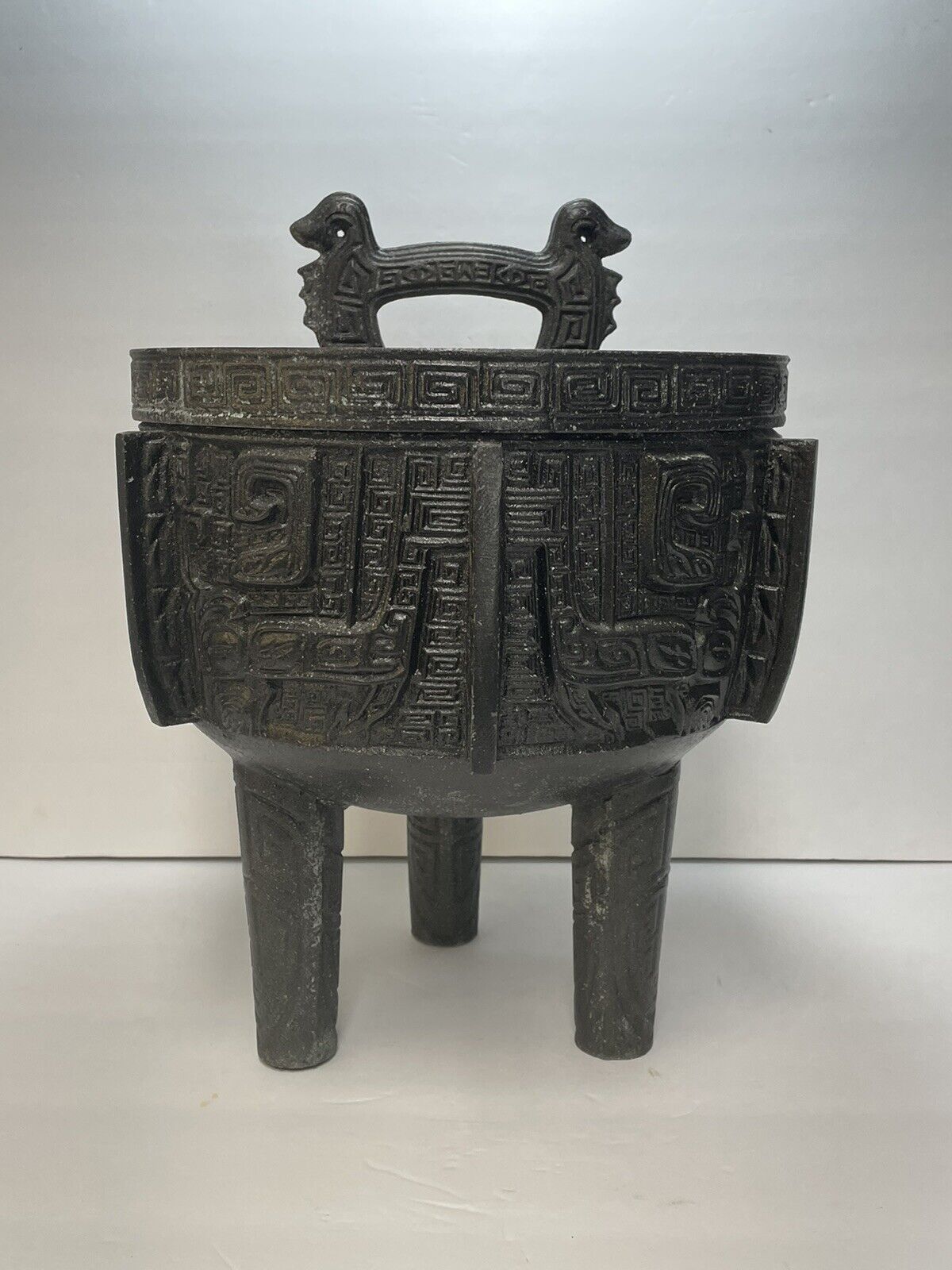 VTG ‘60s MCM James Mont Style Mayan Aztec Verdigris Ice Bucket Barware Brutalist