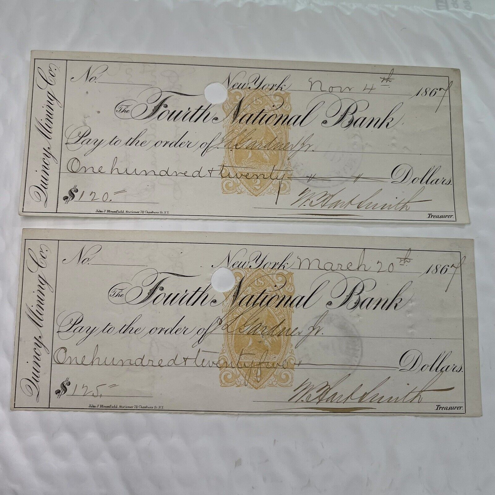 1867 Quincy Mining Co. Checks orange stamps Third National Bank Of New York