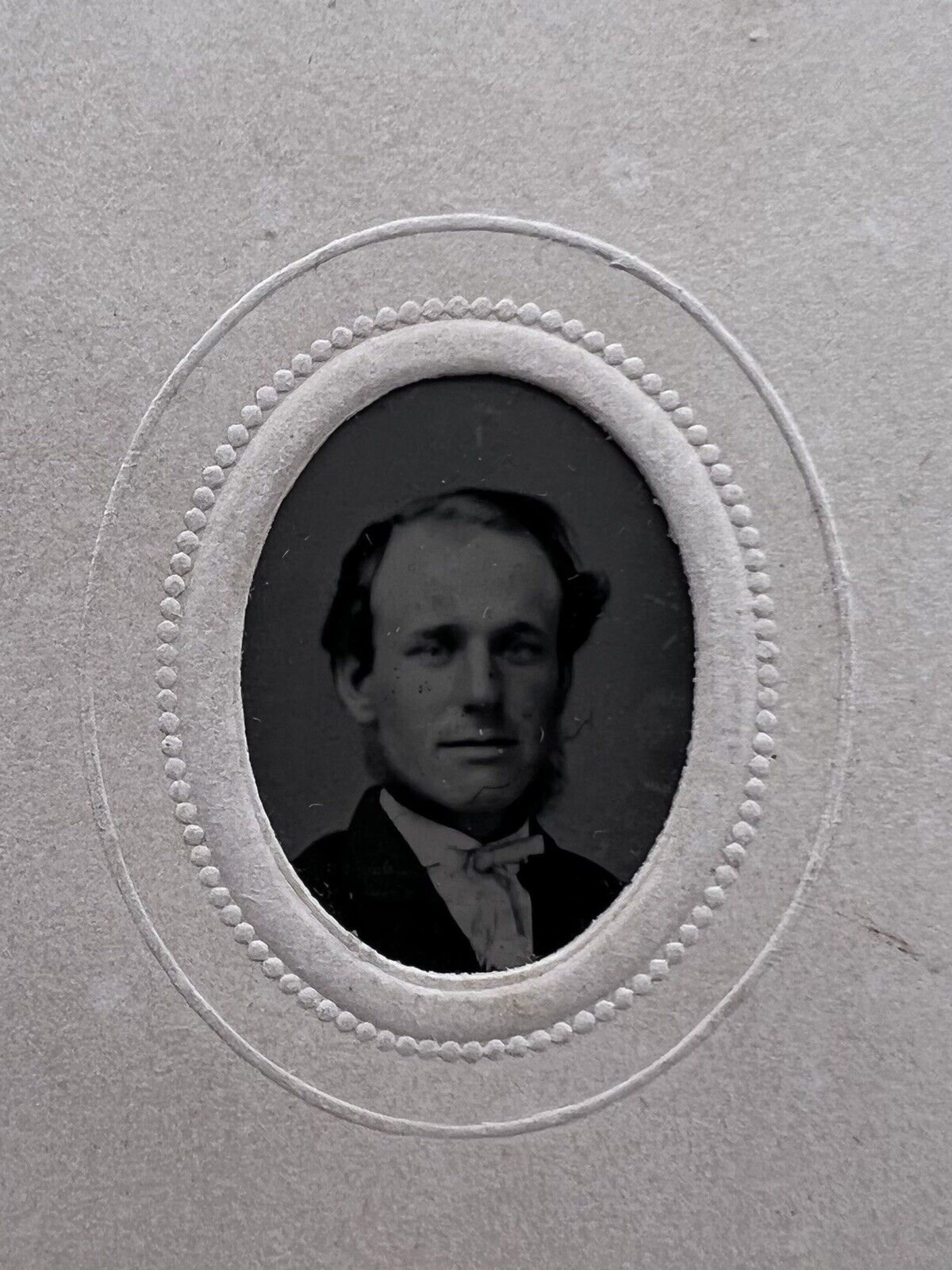 1860s Civil War Era GEM Tintype Handsome Man Embossed Oval Frame CDV Mounted  