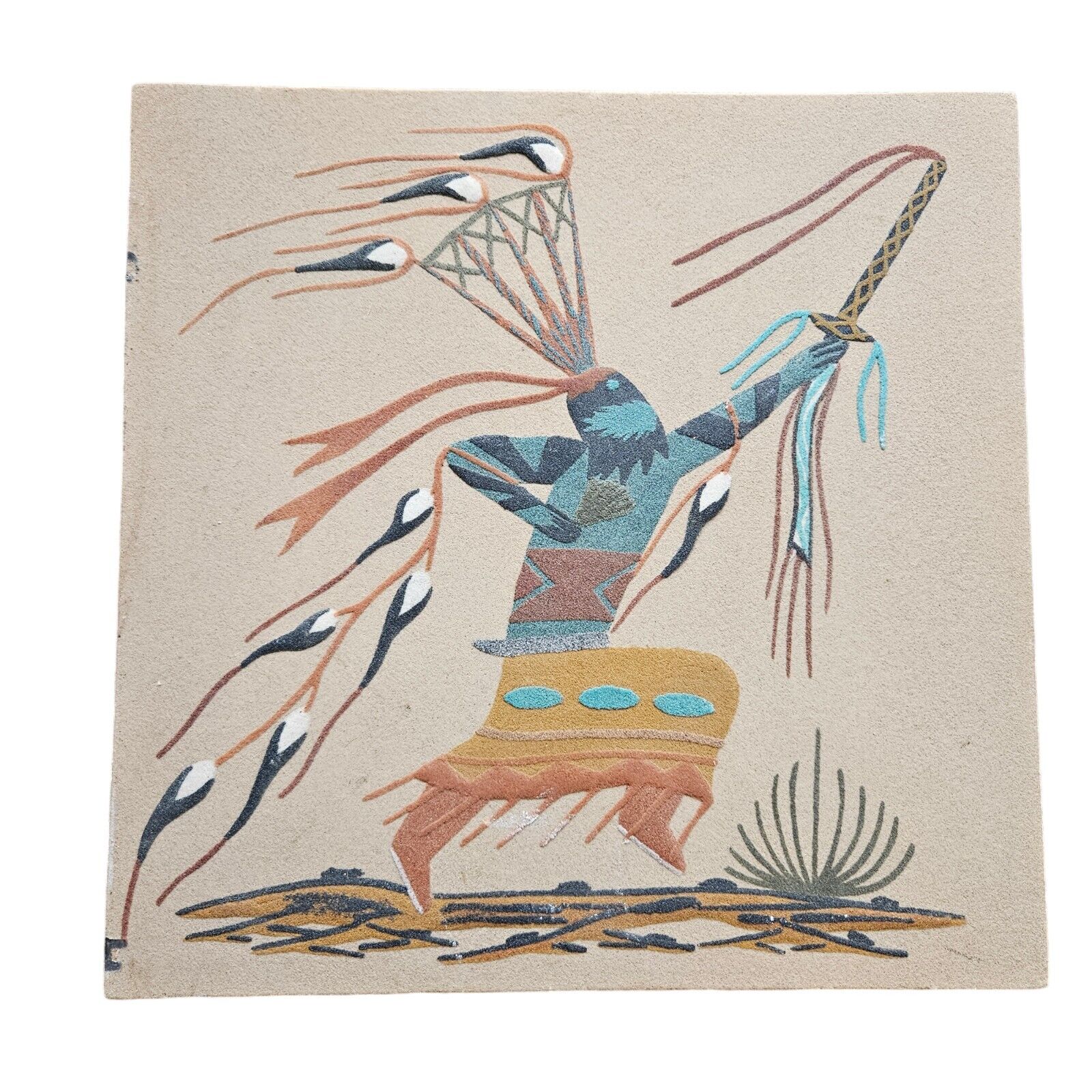Native American Indian Sand Painting on Board Apache Dancer Vintage 12x12\