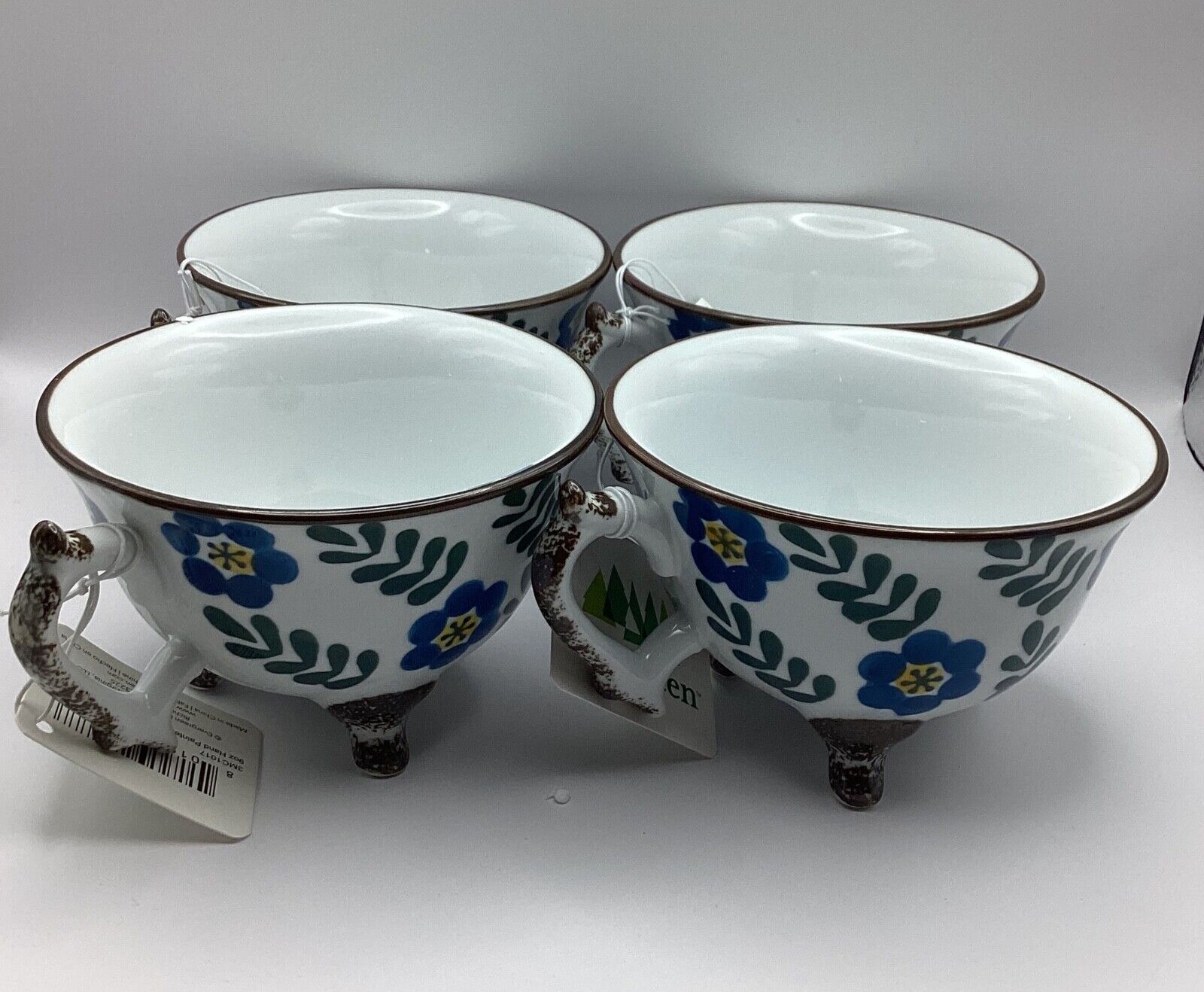 Evergreen Hand Painted Porcelain Teacup, Blue Flowers 9oz