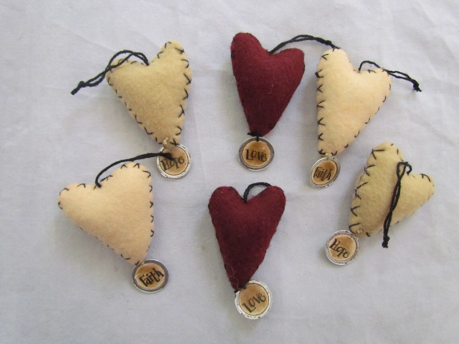 HEART Ornament w vintage Tags Faith Hope Love 6pc Primitives by Kathy 12370 NEW