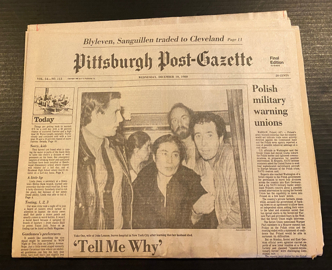 December 10, 1980 Pittsburgh Post-Gazette Newspaper Yoko Ono John Lennon\'s Death