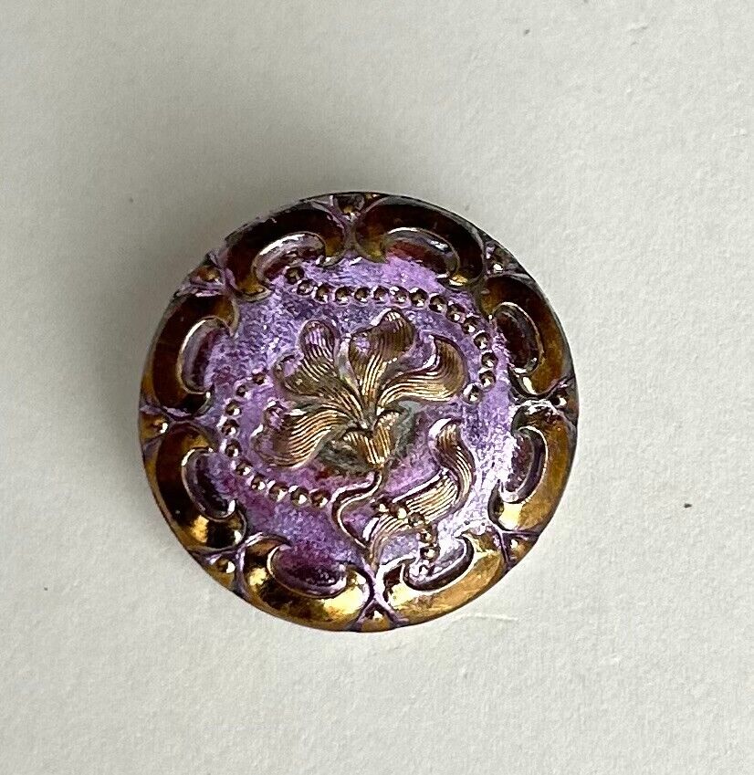 Exquisite Large Vintage Purple/Pink Czech Glass Button w/Gold Flower & Trim