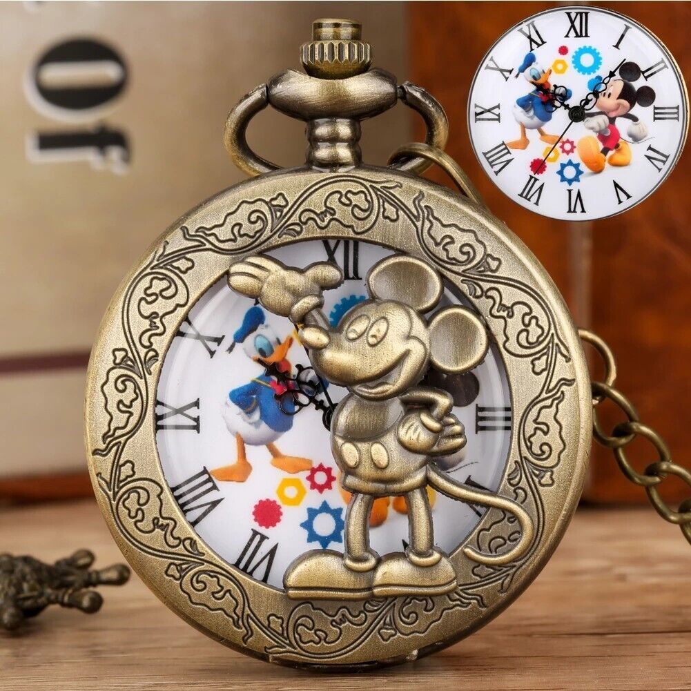 Disney Mickey Mouse Pocket Watch Mickey/Donald Dancing Dial & Bronze Mickey Case