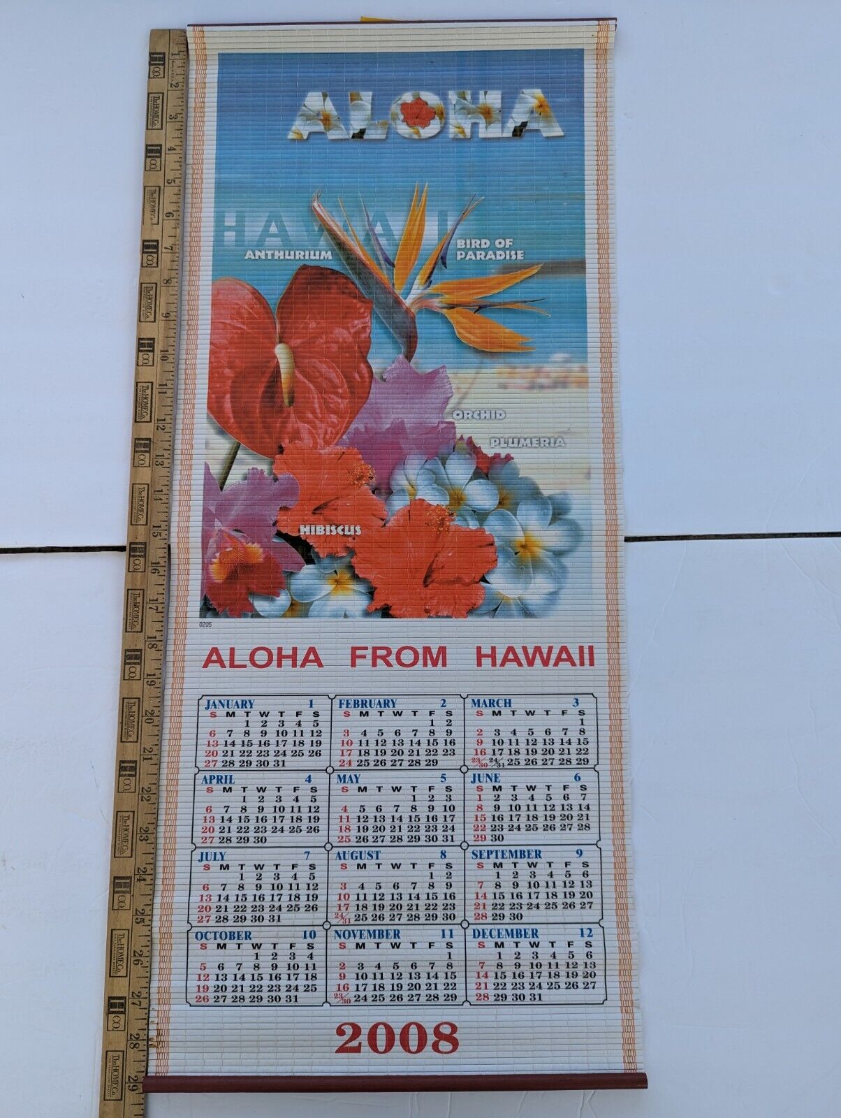 Vintage Hawaii ALOHA Hanging Calendar 2008 Floral Gorgeous Flowers Slats