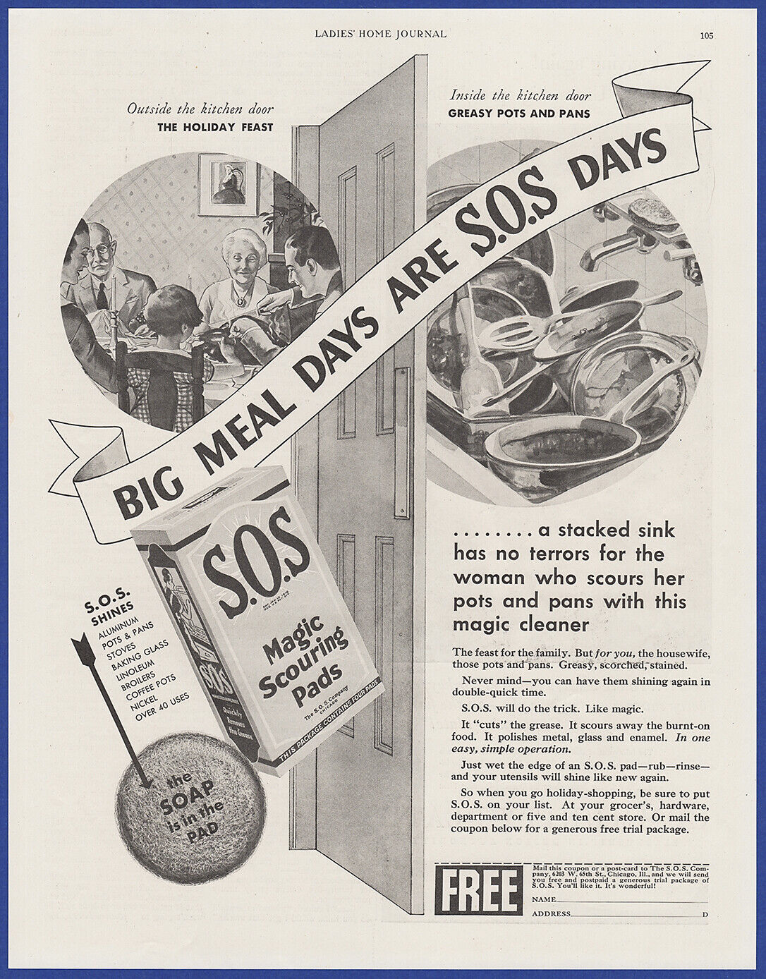 Vintage 1934 S.O.S. Magic Scouring Pads Soap Kitchen Art Décor 30\'s Print Ad