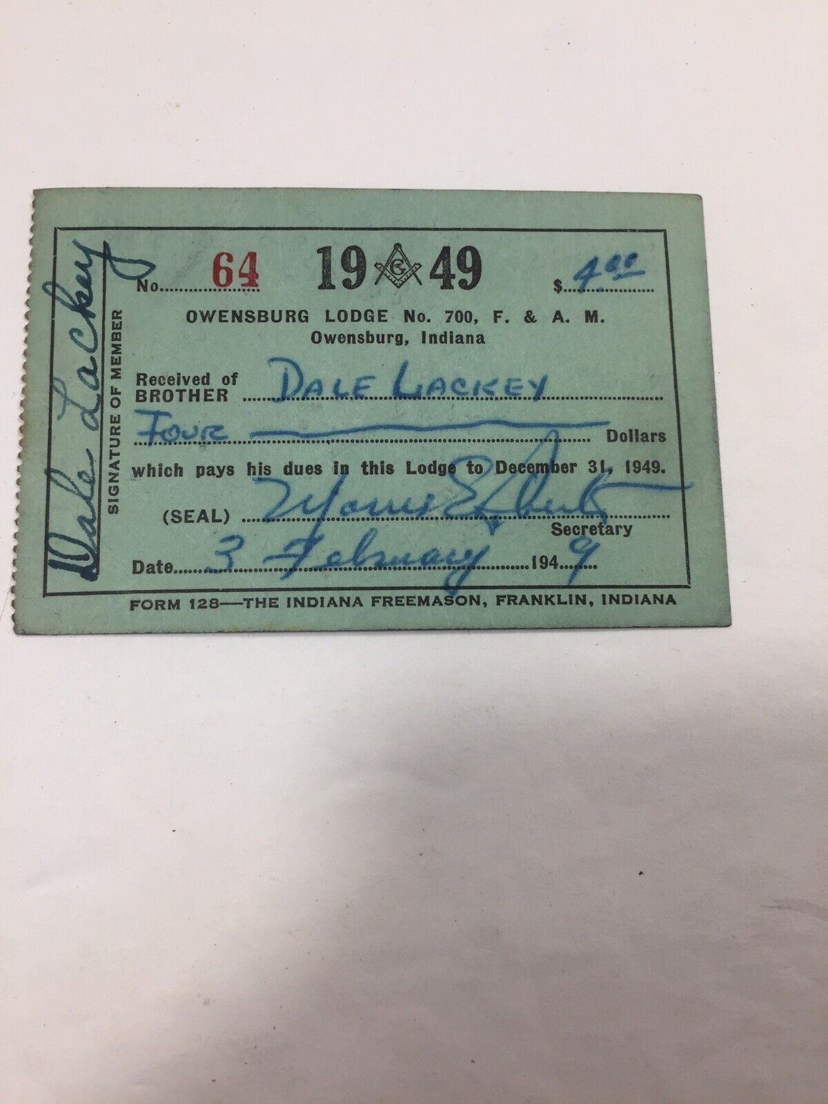 Vintage 1949 Owensburg Indiana Lodge 700 F & AM Mason Card lodge #700 Lackey