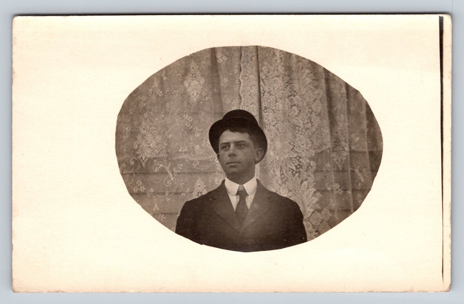 c1911 RPPC Man\'s Portrait With Hat On Oval Shape, Velox Box ANTIQUE Postcard