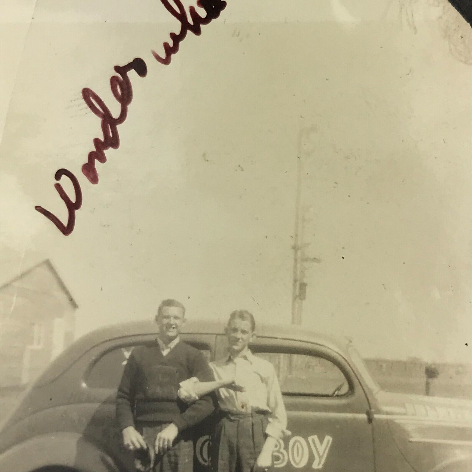 Vintage Black and White Photo Young Men Arms Linked Car Wonder Who Writing