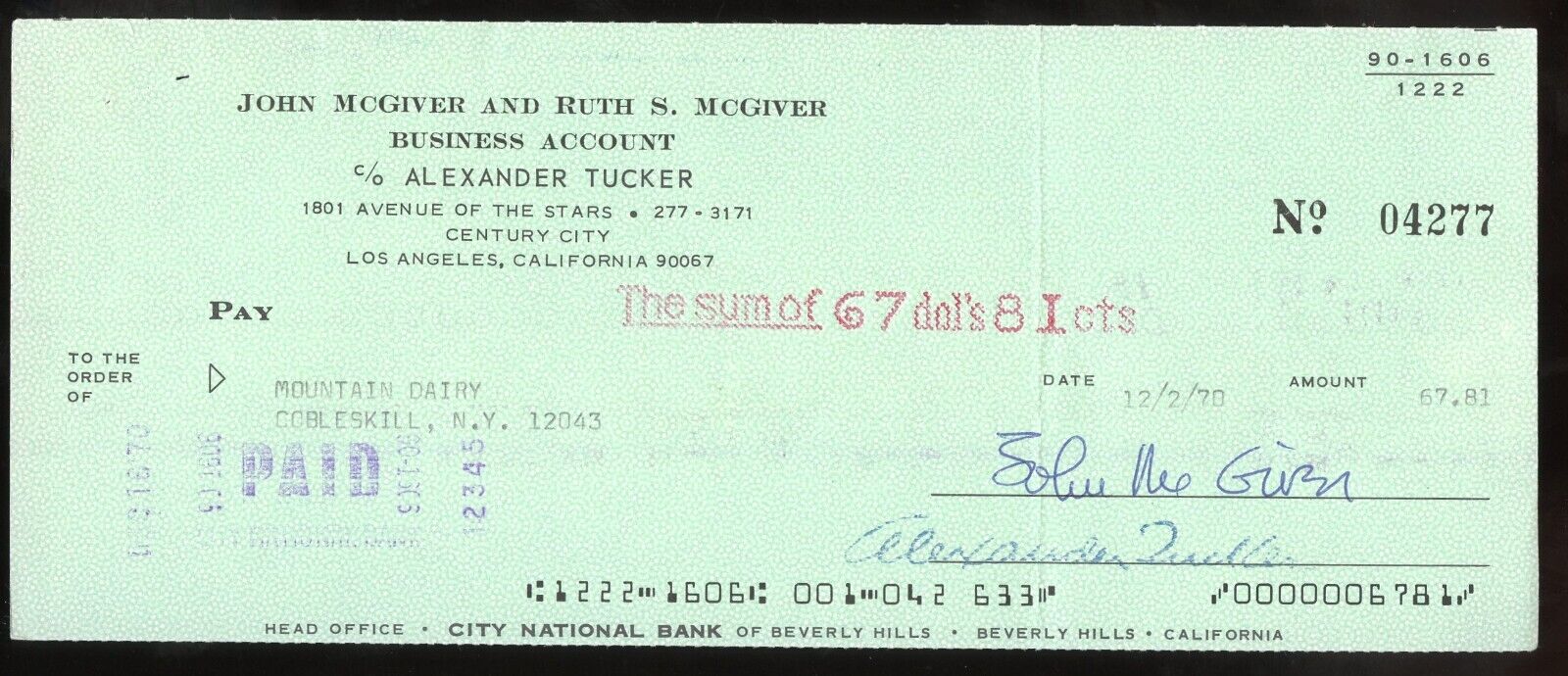 John McGiver d1975 signed check auto American Actor in Breakfast at Tiffany's