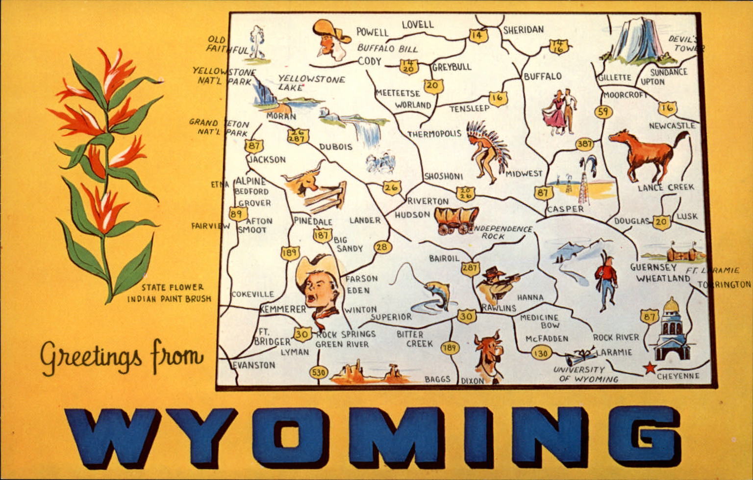 Greetings from Wyoming large letter Map Yellowstone Lake Laramie ~ 1950-60s
