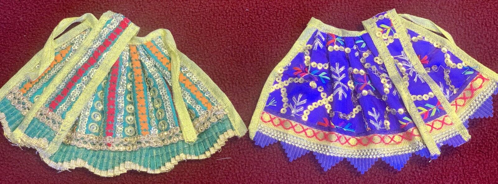 Set of 2 Lehenga Chunri Set Devi MATA Rani Blue Green Embroidery God Idol Dress