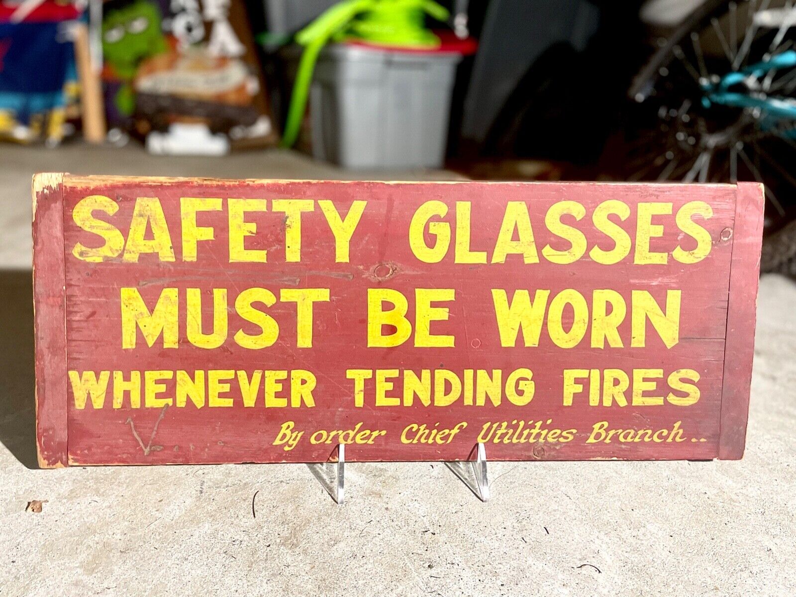 VINTAGE WOODEN ADVERTISING SIGN FIRES SAFETY GLASSES FOLK ART AAFA