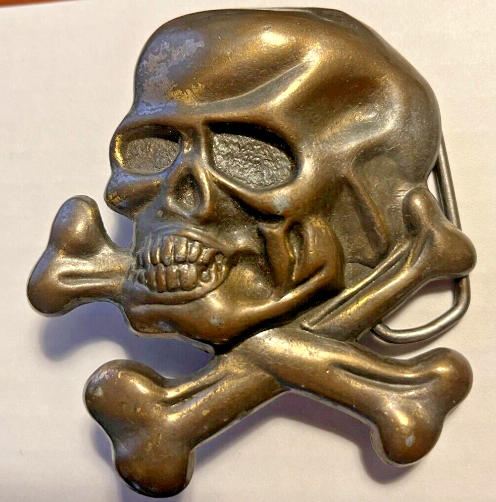 Vintage Solid Brass Cast Skull Bones Crossbones Biker\'s Belt Buckle