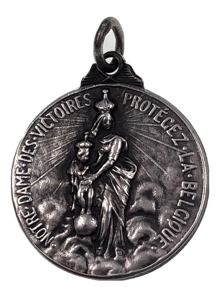 Vintage Religious Catholic Medal Notre Dame Des Victoires Protegez La Belgique