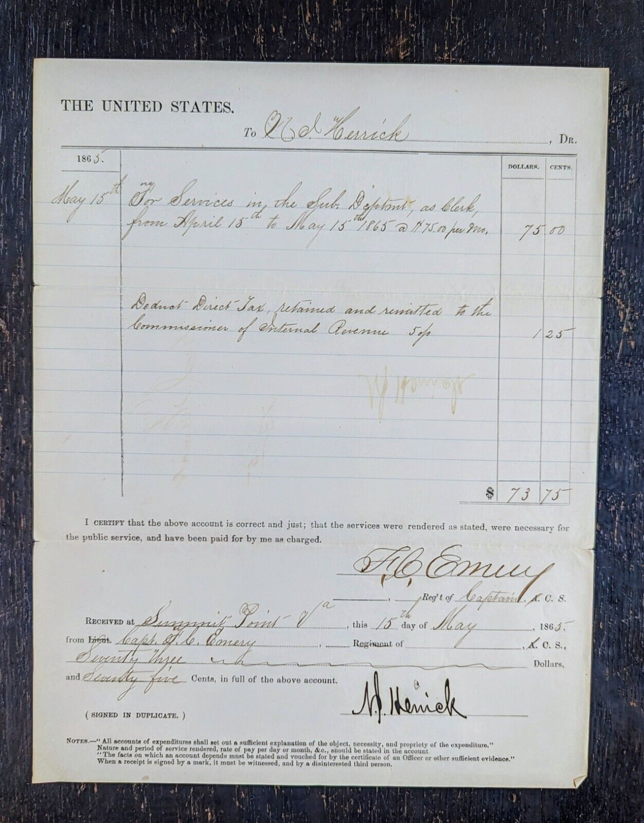 1865 Civil War Pay Voucher to F.C. Emery as a Clerk