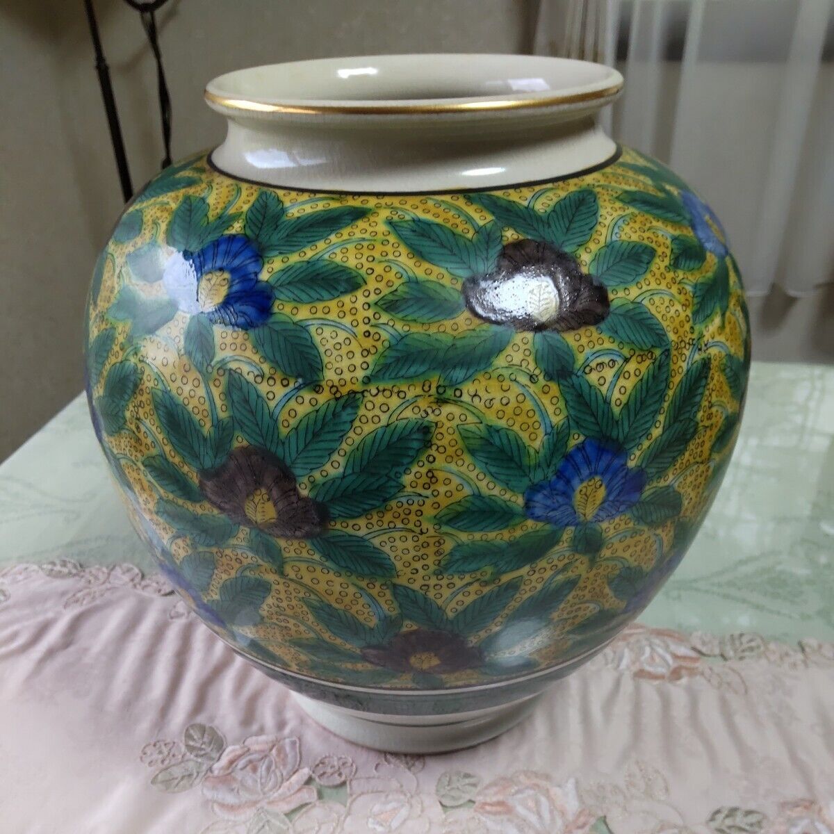 Kutani Ware  Large Vase, Blue Hand Colored Painting, Peony Design, Height 28Cm,