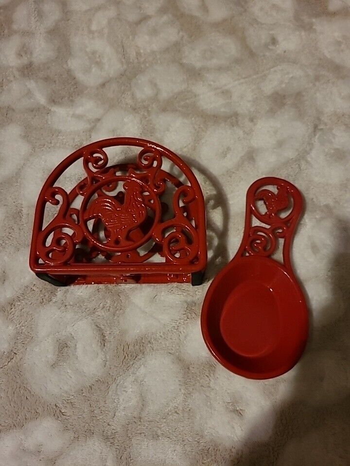 Cast Iron Red Rooster Napkin Holder and Spoon Rest Red Enamel Country Kitchen...