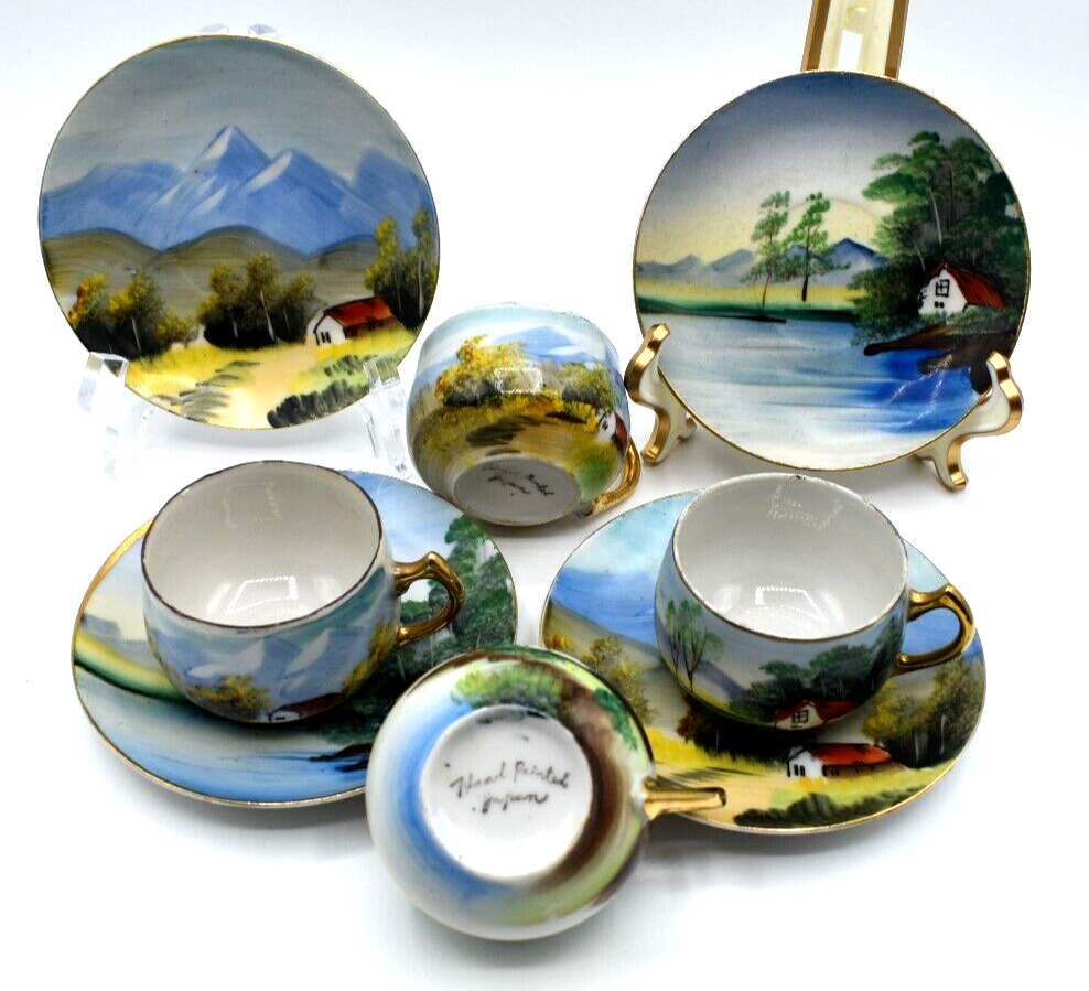 Vintage Hand Painted Demitasse Cup and Saucer, Set of 4, Mountain Lake Scene