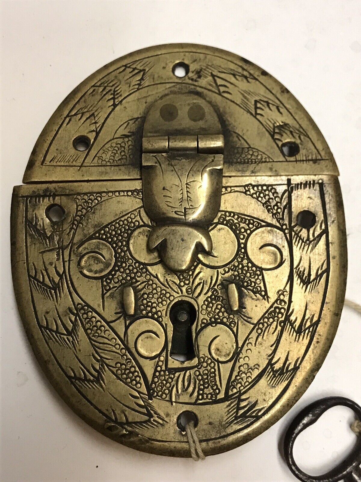 17th Century engraved brass lock set with key
