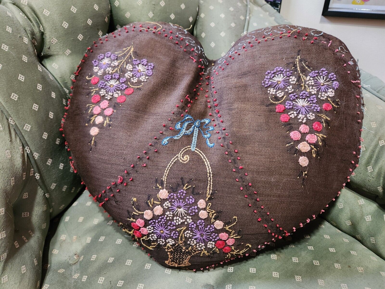 Vintage Embroidery Heart Pillow Antique Embroidery Heart Pillow 18x15 inches
