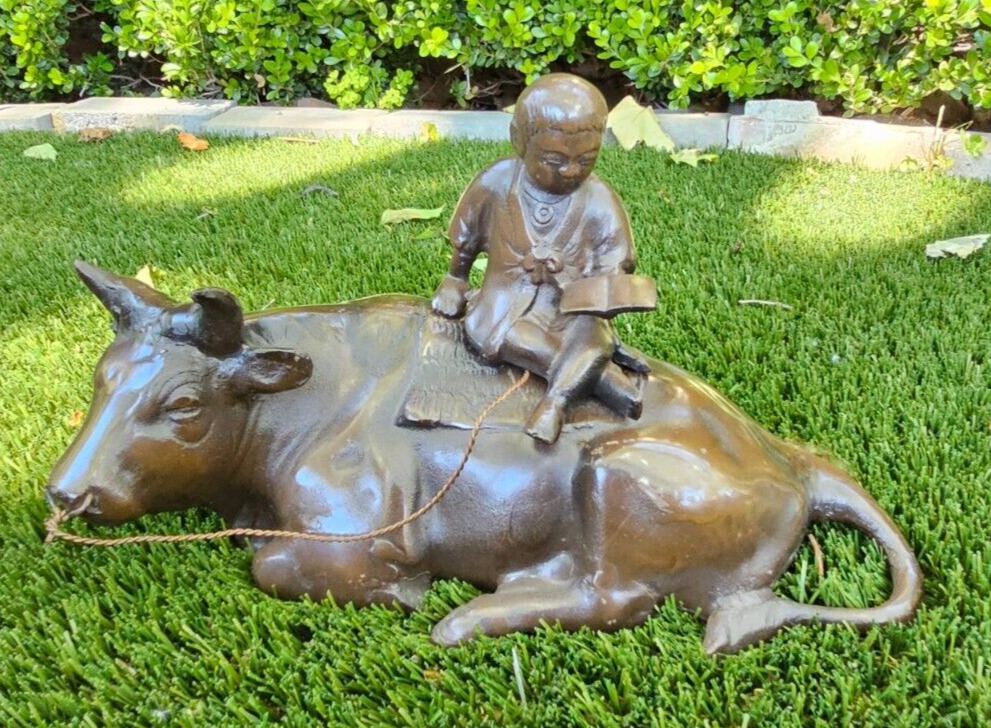 Antique Japanese Cast Bronze Statue Of A Bull With Riding Boy