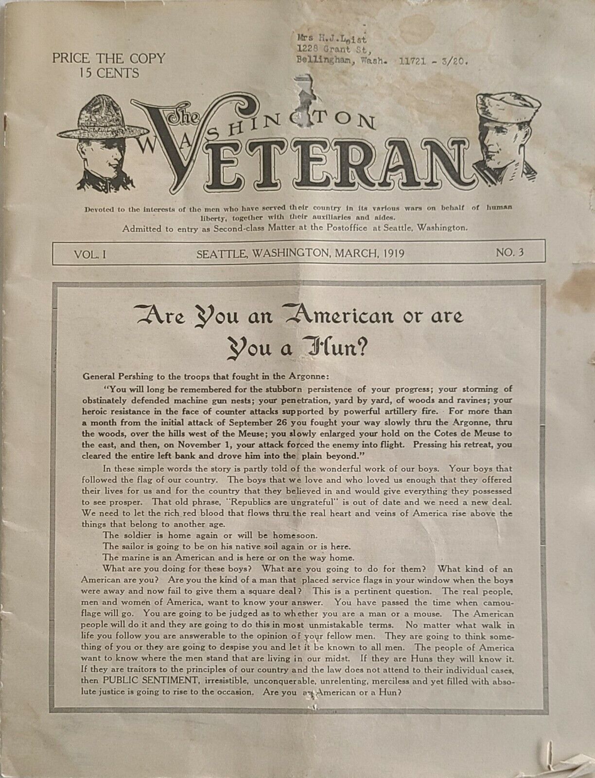 Antique Newspaper 1919 The Washington Veteran Seattle WA March Vol 1 NO. 3