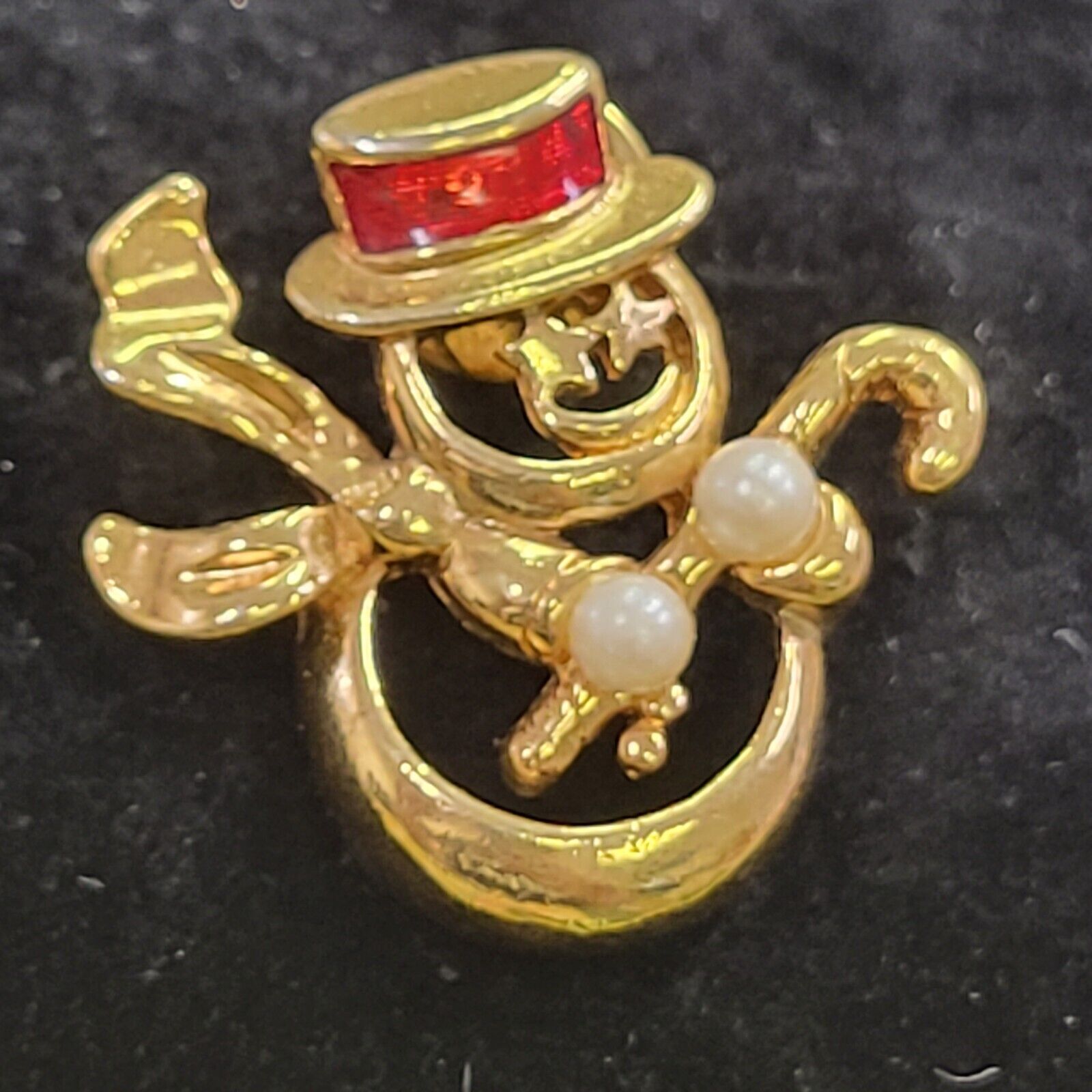 Snowman gold tone faux pearl red hat star eyes Lapel Hat Vest Pin