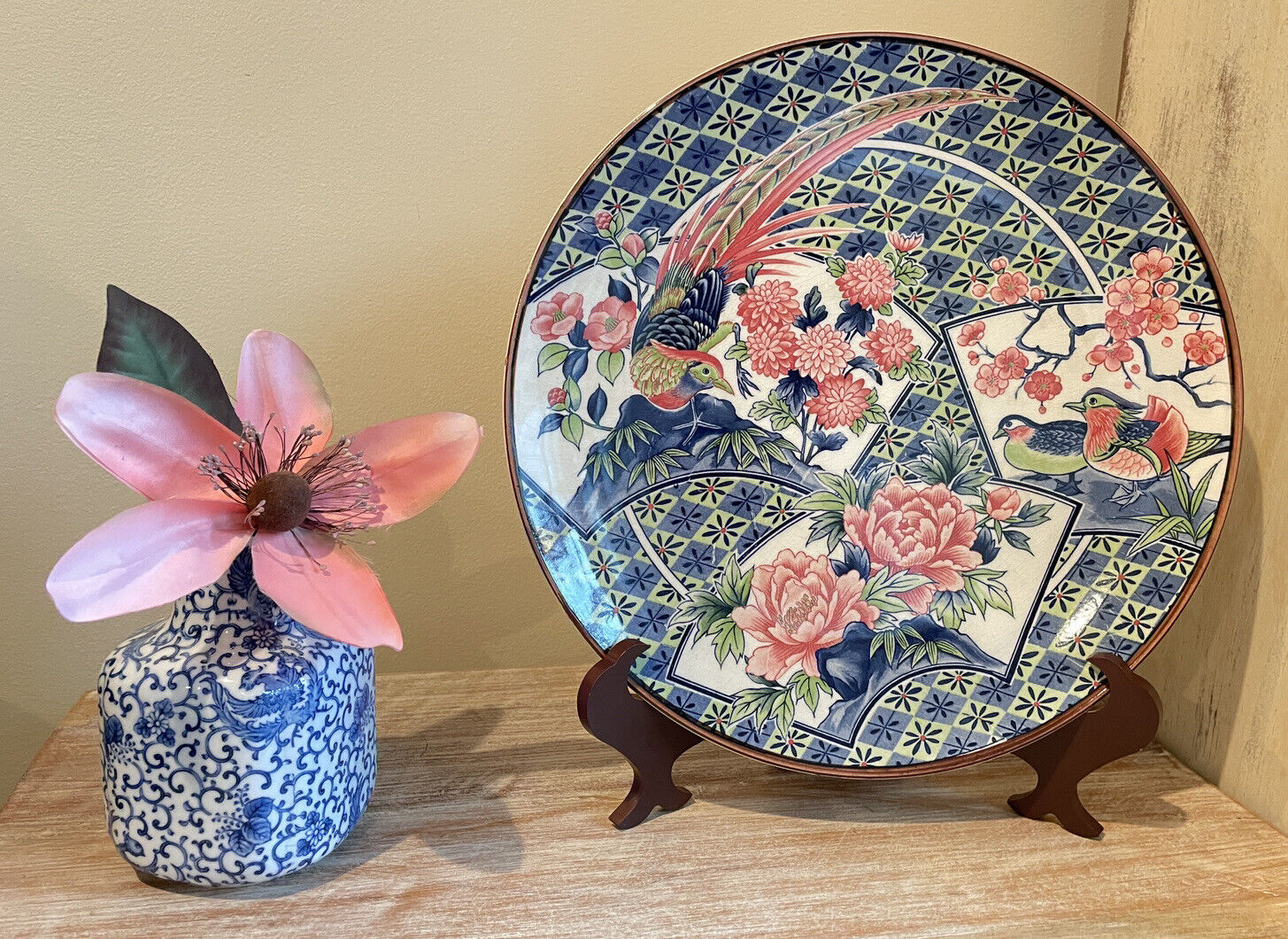 Unique Floral Blue Green Pink w/ Birds 12.5” Japanese Charger/ Decorative Plate