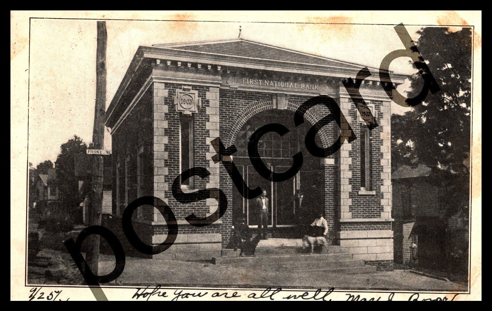 1906 FIRST NATIONAL BANK, Marysville, PA, folks & dogs in front, postcard  jj234