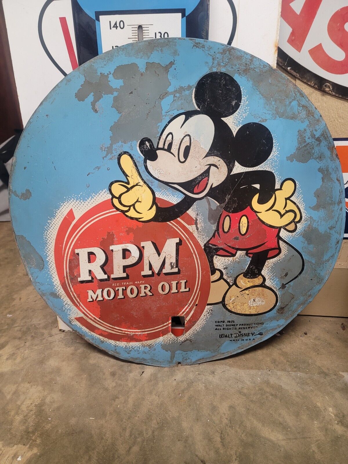 Vintage, 100% Original, RPM MOTOR OIL MICKEY MOUSE painted Metal Sign