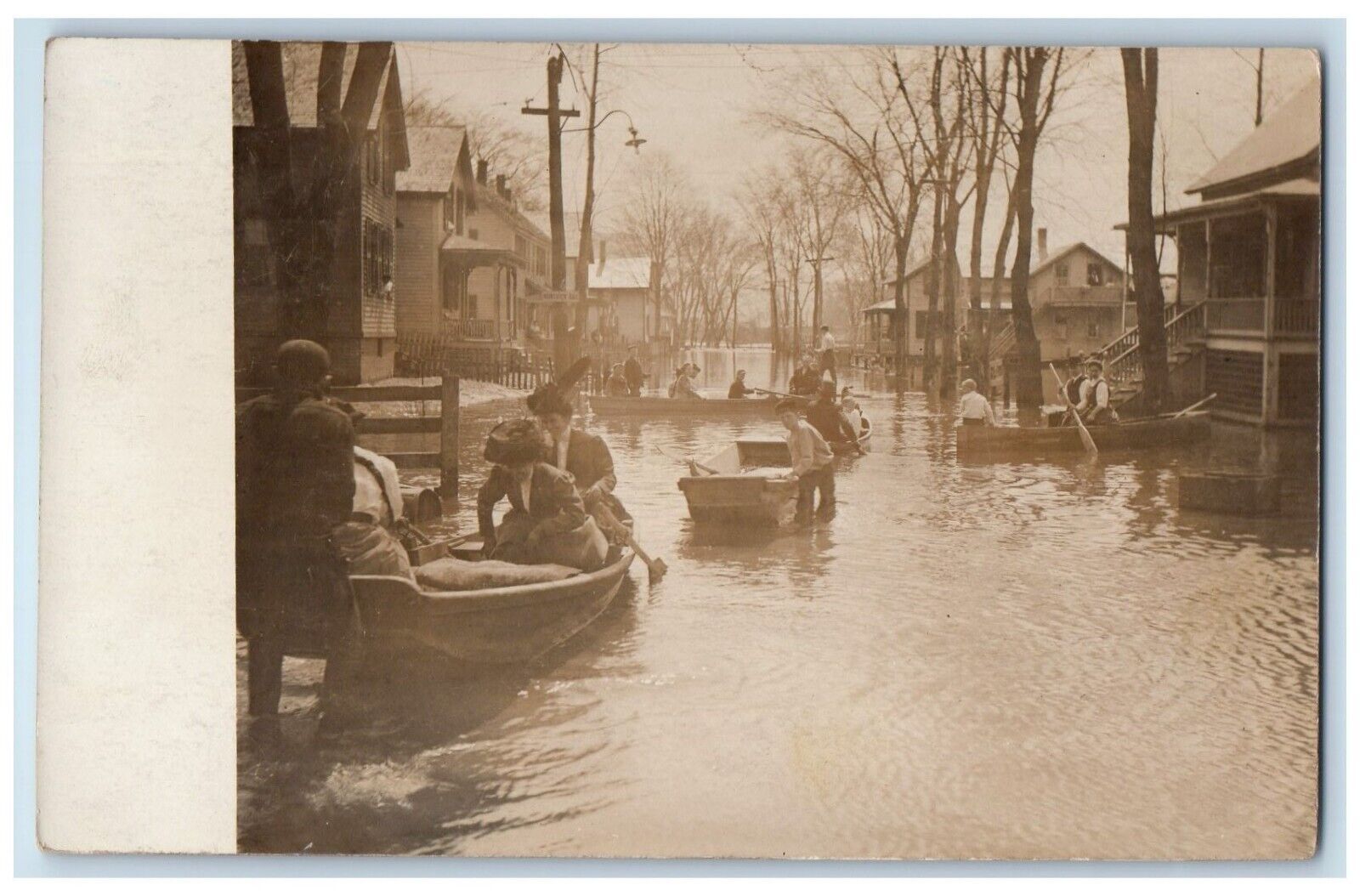 c1910's Candid Flood Evacuation Rowboats Disaster RPPC Photo Antique Postcard