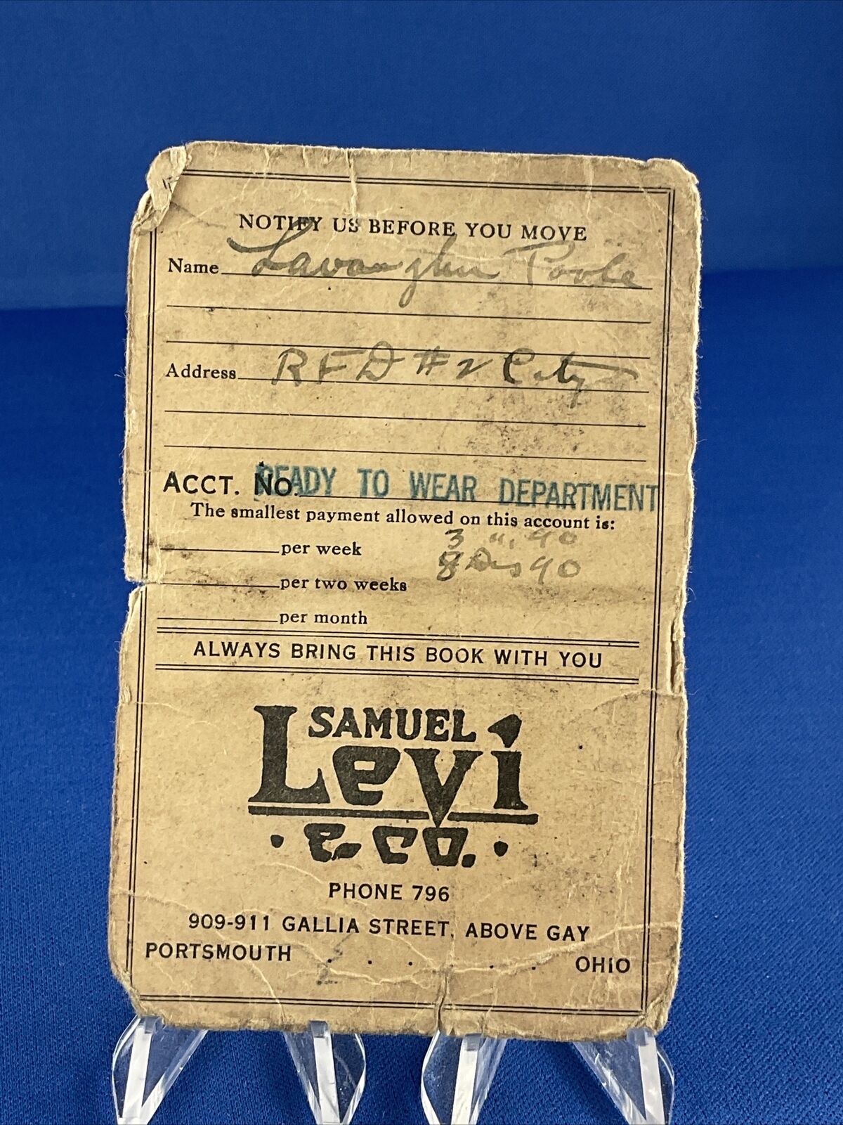 1930s 30s Portsmouth, Ohio Samuel Levi & Co. Department Store Payment Card