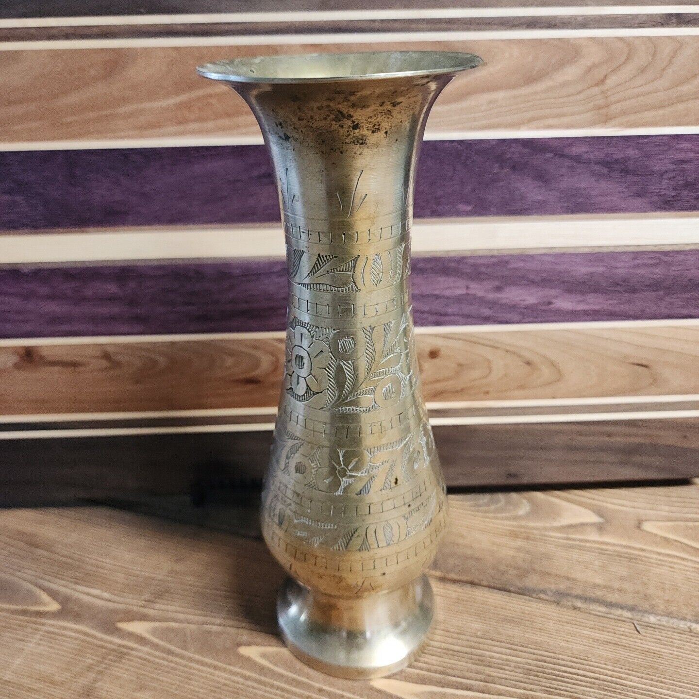 Vintage 1960s Etched Brass Floral Vase