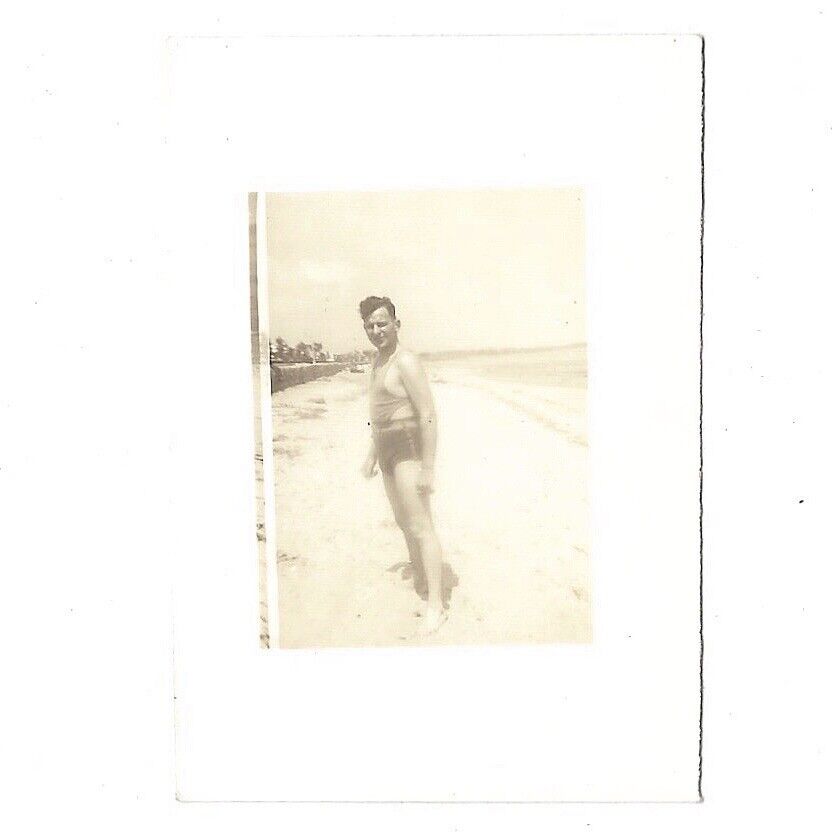Vintage Photo Handsome Man On Beach 1939 Swimsuit Hunky Stud ID’d Eugene Matejek
